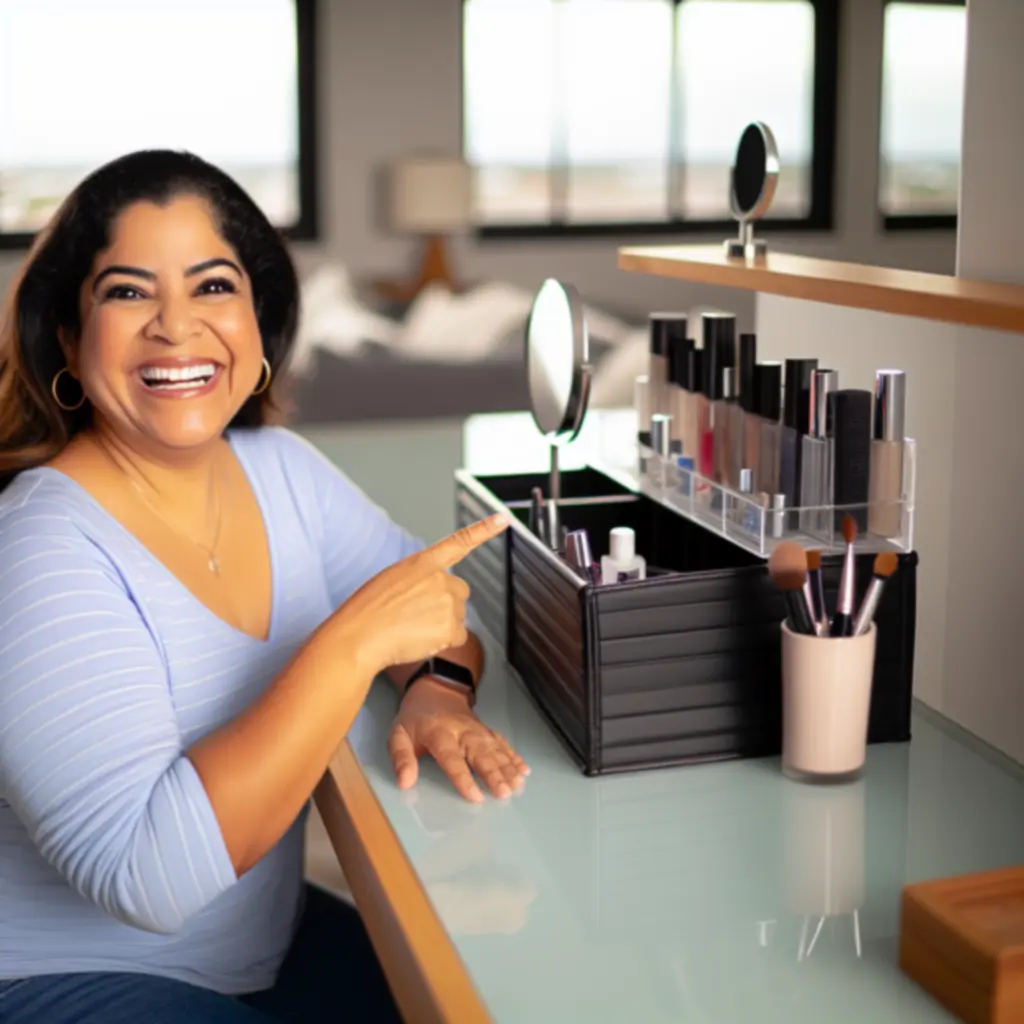 Toaletka klientki z elegancko ułożonymi organizerami kosmetycznymi
