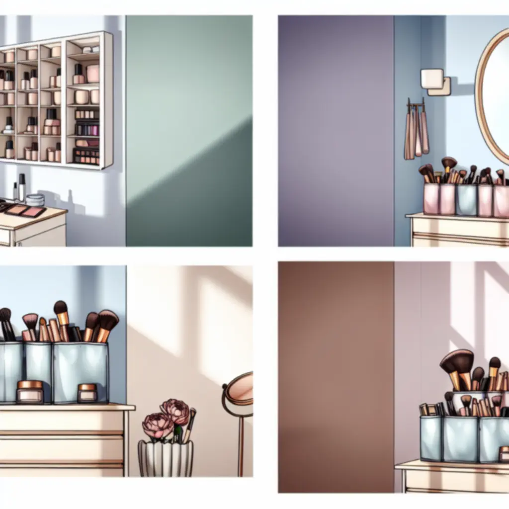 Elegancko uporządkowane kosmetyki w przezroczystych organizerach na toaletce