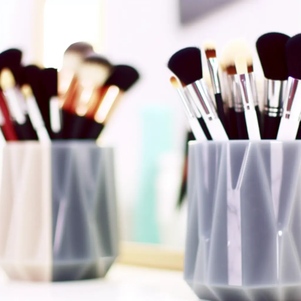 Kompaktowy pojemnik na pędzle do makijażu ustawiony na toaletce