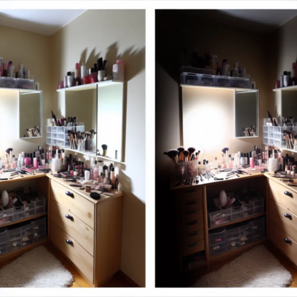 Zdjęcie porównujące kosmetyczny kącik przed i po uporządkowaniu w organizerze Beautycosma