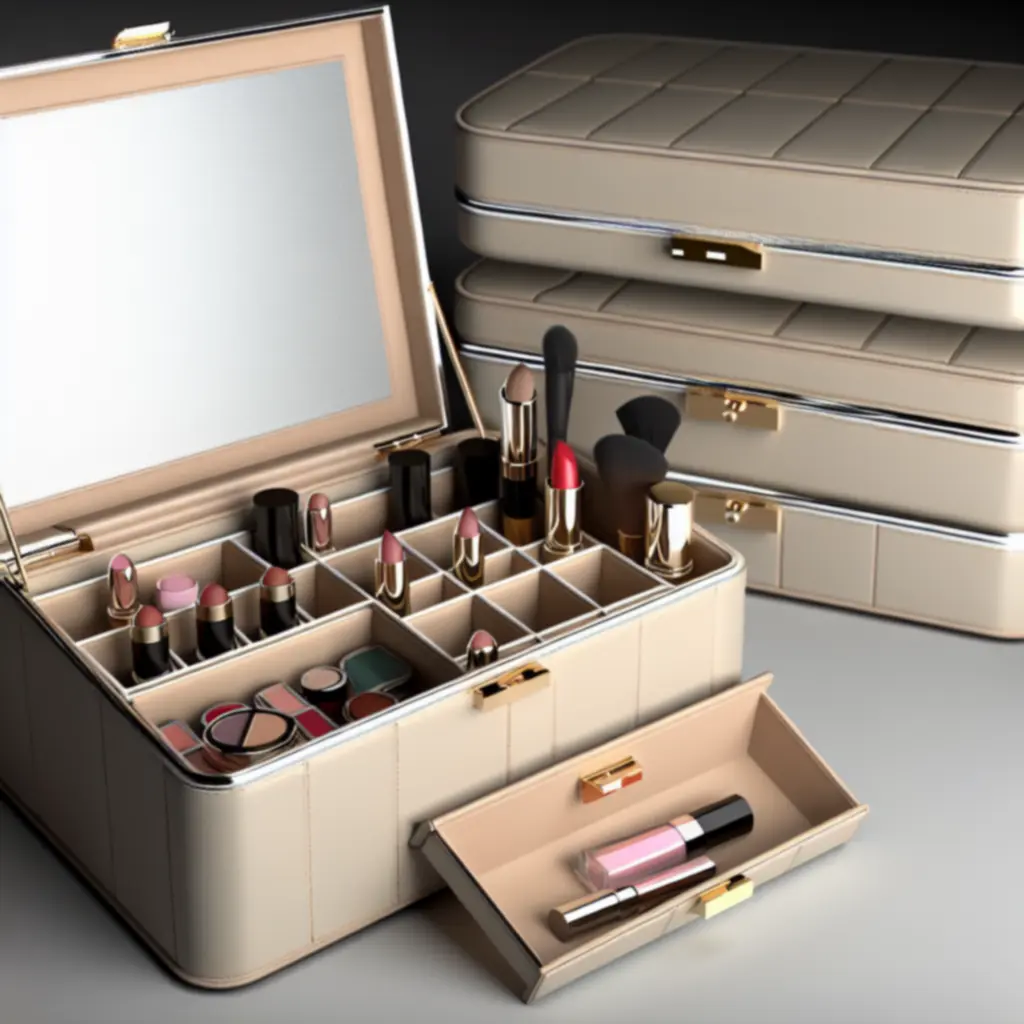 Zbliżenie na przegródki eleganckiego organizera kosmetycznego z produktami do makijażu