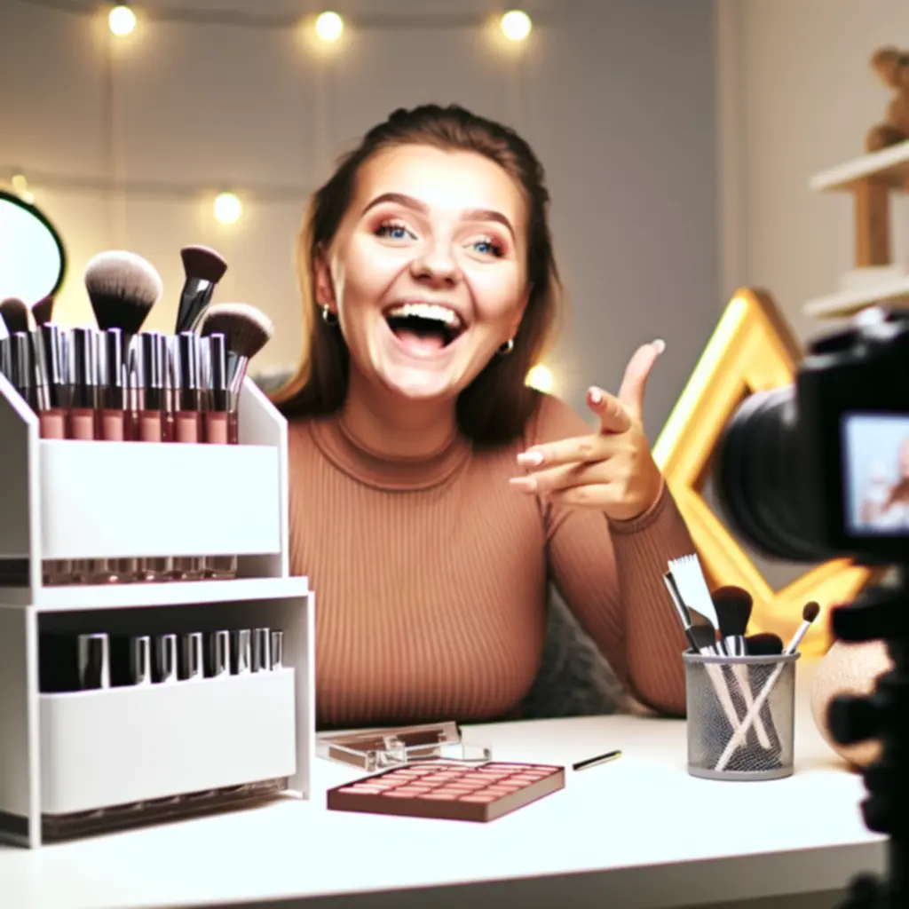 Kadr z wideo recenzji prezentujący organizer kosmetyczny na toaletce